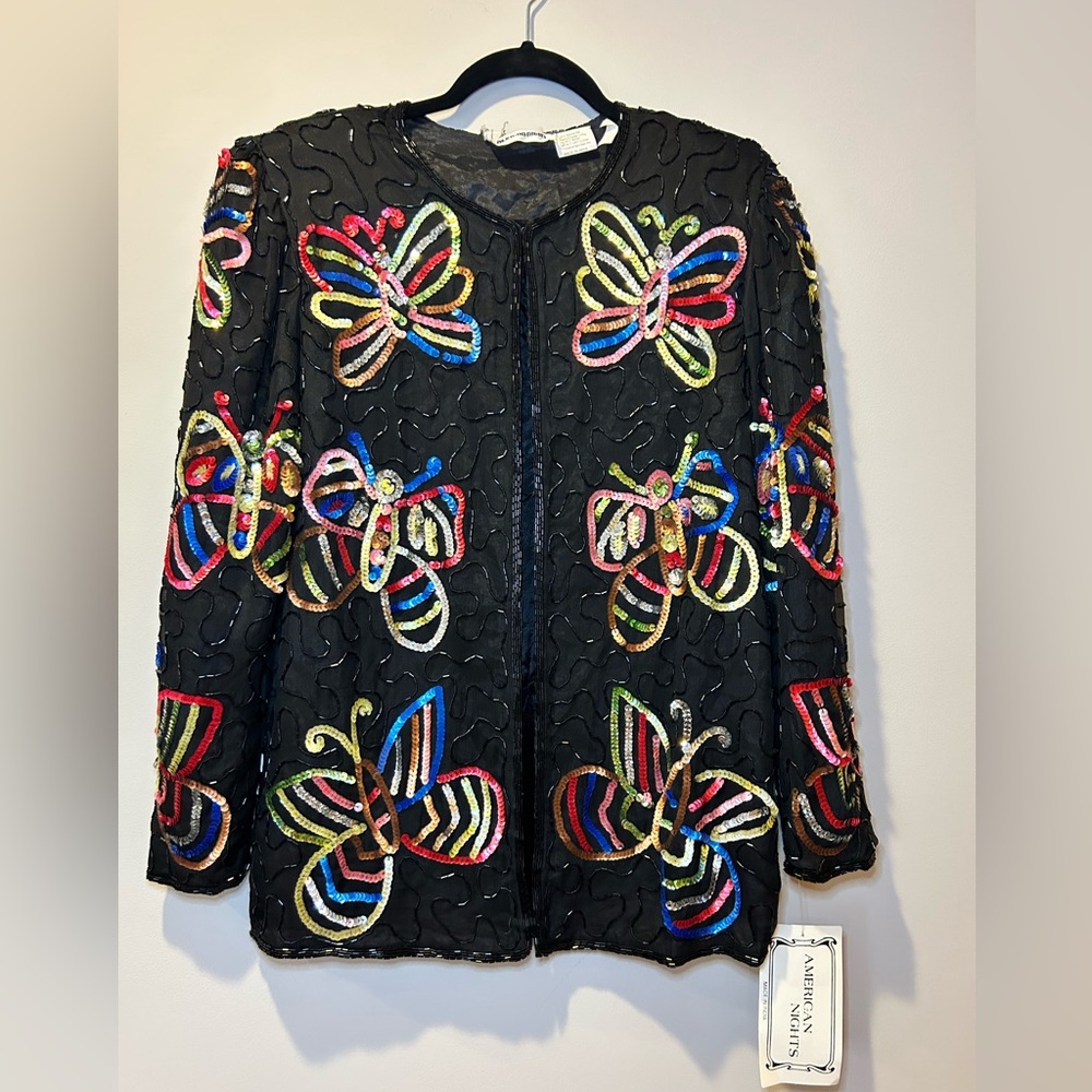 NWT Vintage‎ American Nights Silk Sequin Beaded Butterfly Jacket Coat Size Small